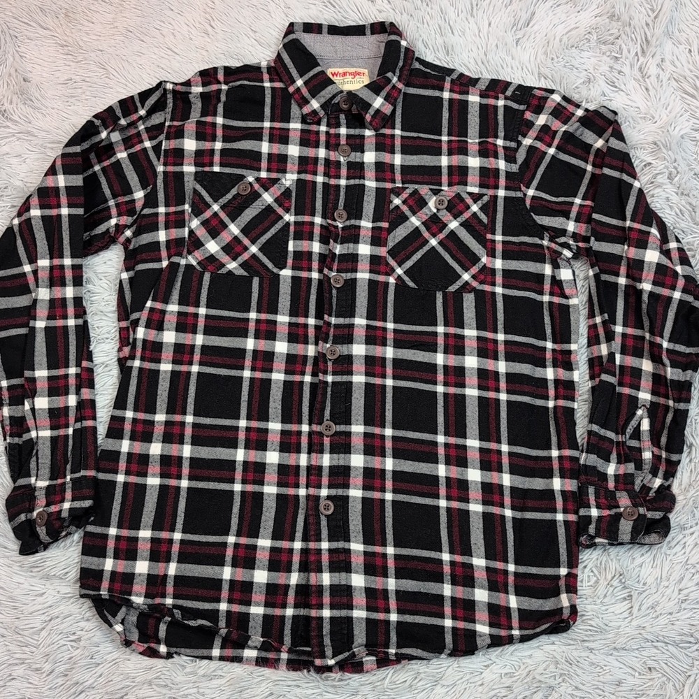 Wrangler Shirt Mens M Black Plaid Button Up Workwear Chore Rancher Farmer